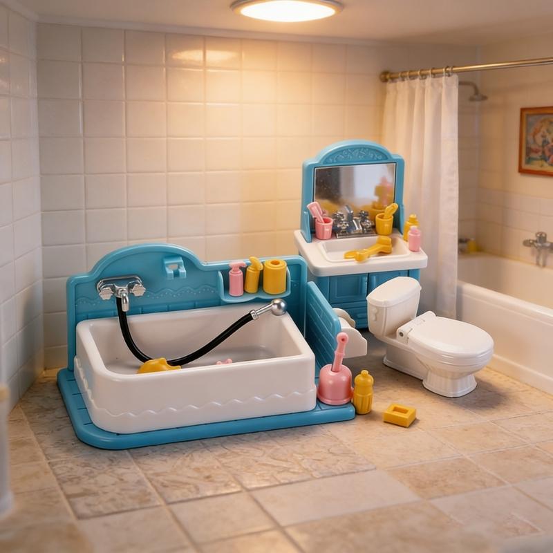 1:12 Scale Mini Bathroom Furniture Toy Set Includes Blue Sink Bathtub And Toilet For Dollhouses Decors