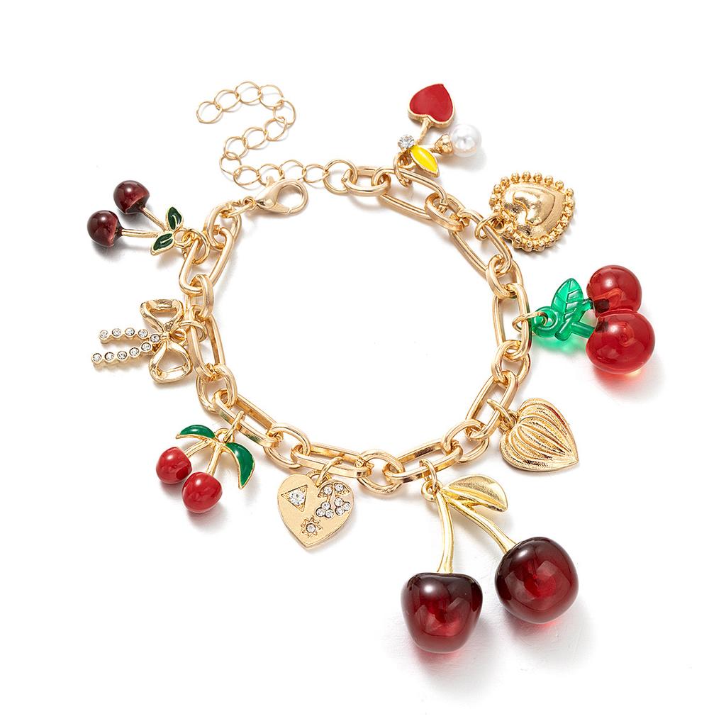 Fashion Personality Wind Cherry Alloy Peach Heart Bow Pendant Adjustable Bracelet Women's Creative Versatile Jewelry