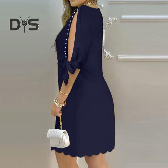 Damenkleid, aushöhlen, dreiviertelärmelig, Rundhalsausschnitt, einfarbig, weich, atmungsaktiv, locker, knielang, Perlendekor, Damen-Midikleid für den Pendelverkehr