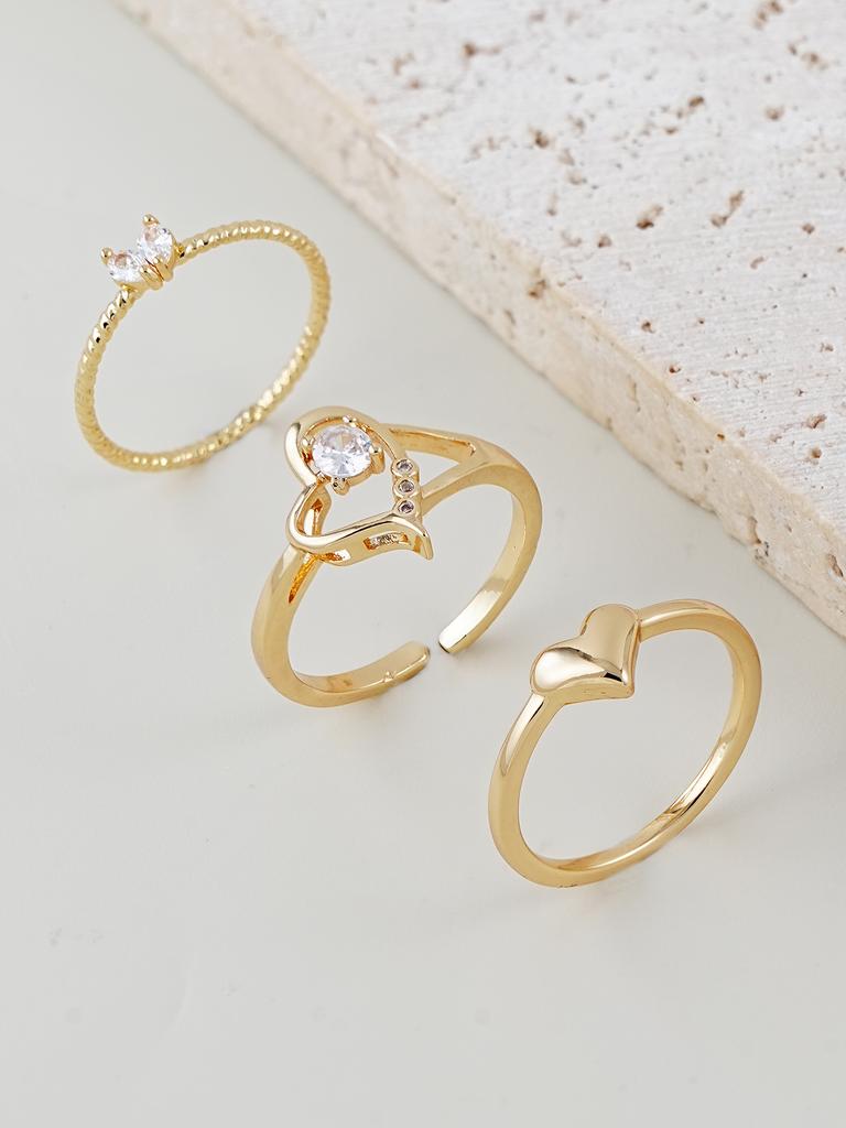 3pcs Set Cubic Zirconia Inlaid Heart Shaped Rings, Suitable For Women's Daily, Party, Date Wear, Stackable, Perfect Gift