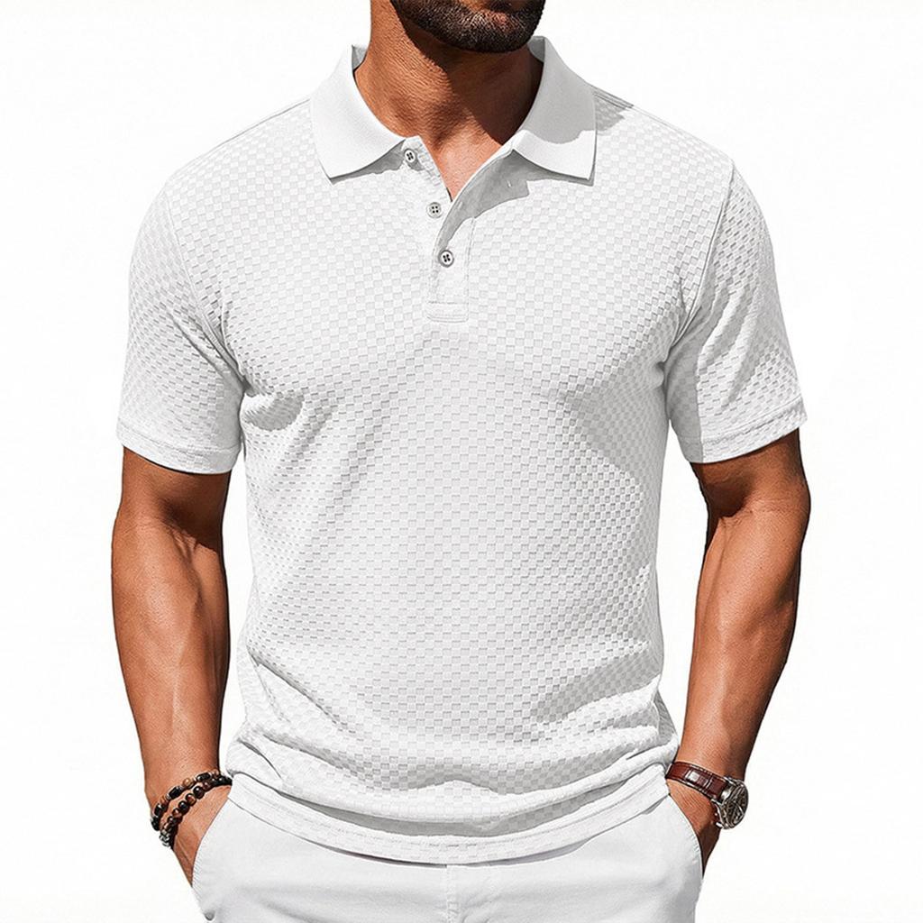 Men's Short Sleeve Polo Shirt with Textured Pattern Classic Fit Button Down Collar Lightweight Casual Top