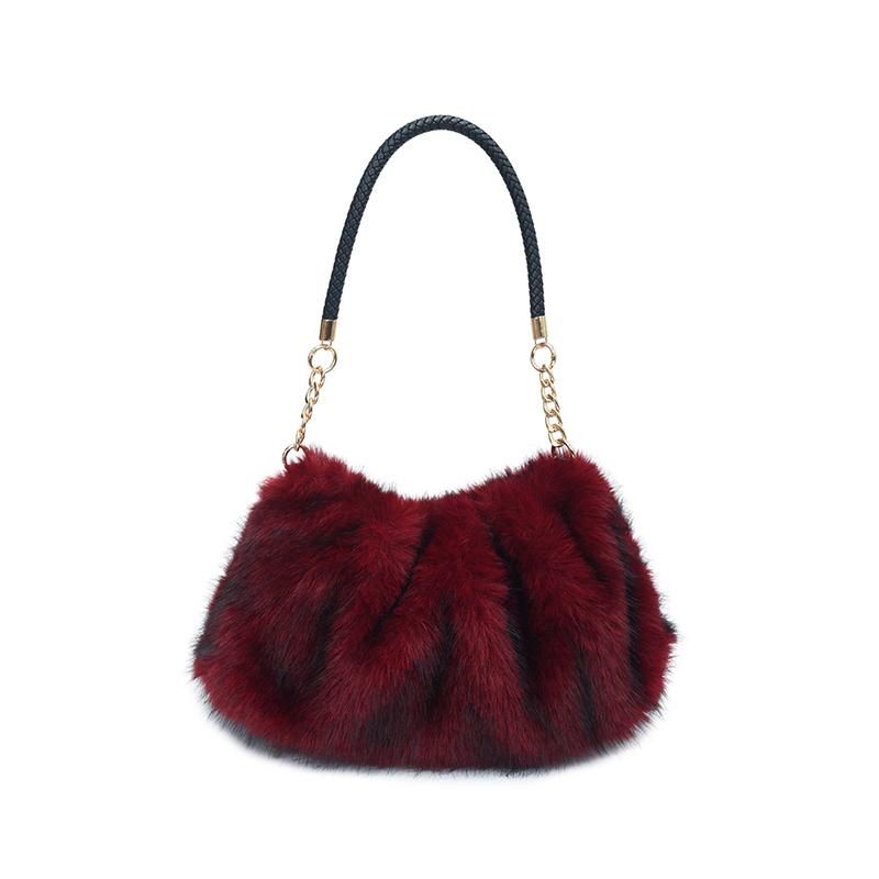 Women Faux Fur Shoulder Bag Soft Fluffy Plush Hobo Handbag with Chain Strap,Autumn Winter Fashion Ruched Underarm Bag Casual Daily Shopping Crossbody