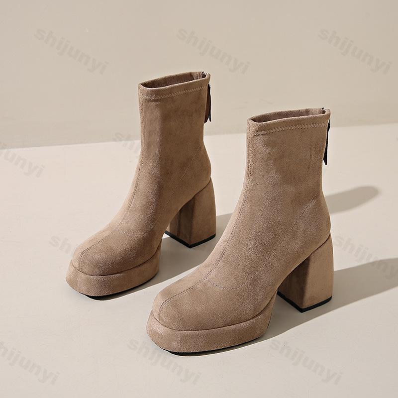 Fashion Women's Fashion Retro Suede Thick Soled High-heeled Boots 2025 Autumn New Back Zipper Design Comfortable Square Head Ankle Boots