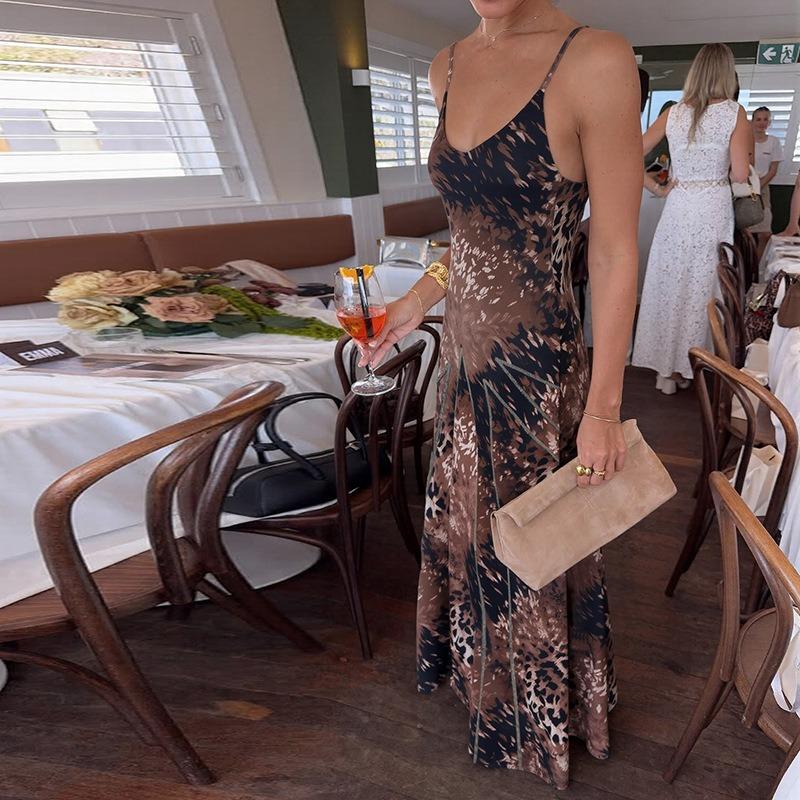 Sommer Leopardenmuster Ärmellos Lässig Spaghetti-Träger Schlauchkleid Elegant Damen A-Linie Party Langes Slipkleid Mode Slim Fit Streetstyle Kleidung
