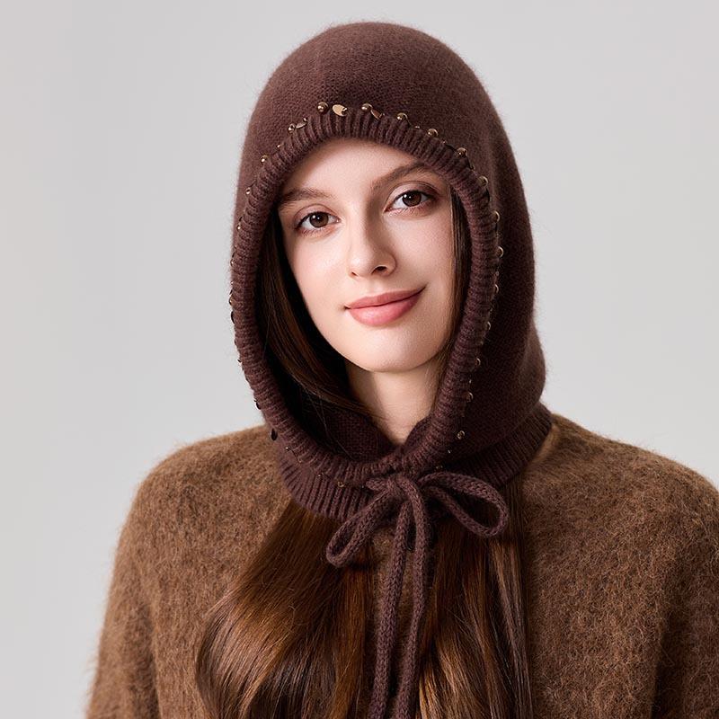 Winter new women's hooded scarf integrated hat pearl hemming thickened knitted hat cold neck protection women's hat