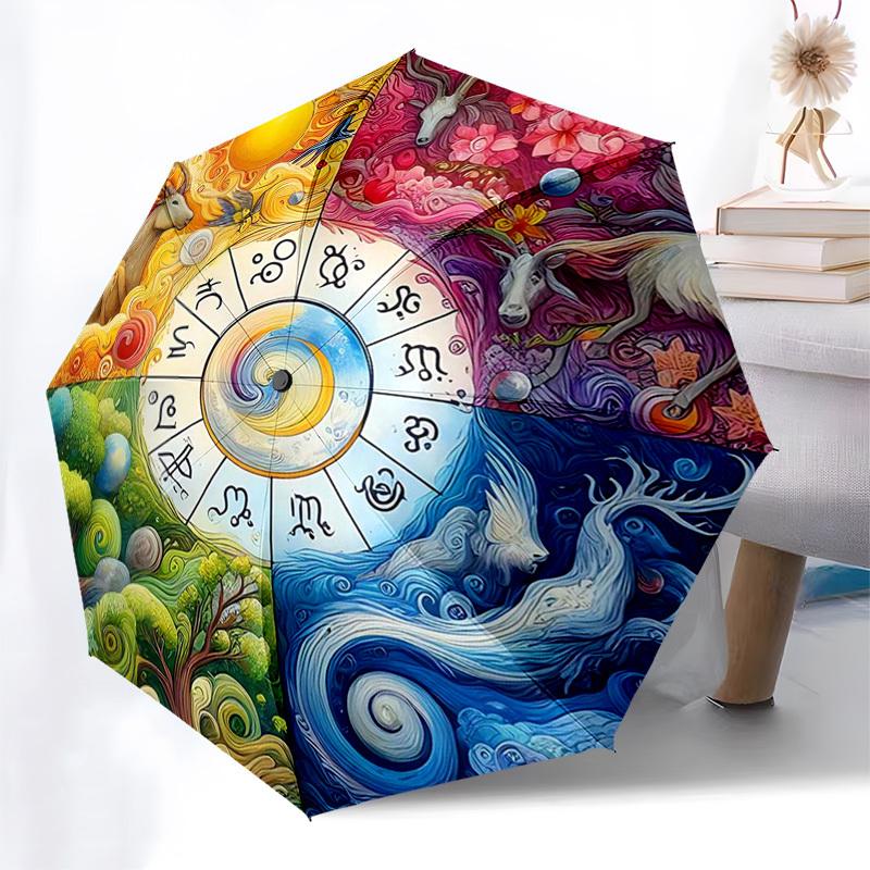 

1pc Unicorn Zodiac Wheel Automatic Folding Umbrella - Portable 3-Fold Design, 8-Bone Iron Frame Outdoor Umbrella, Perfect Festival Gift for Fans, Trav