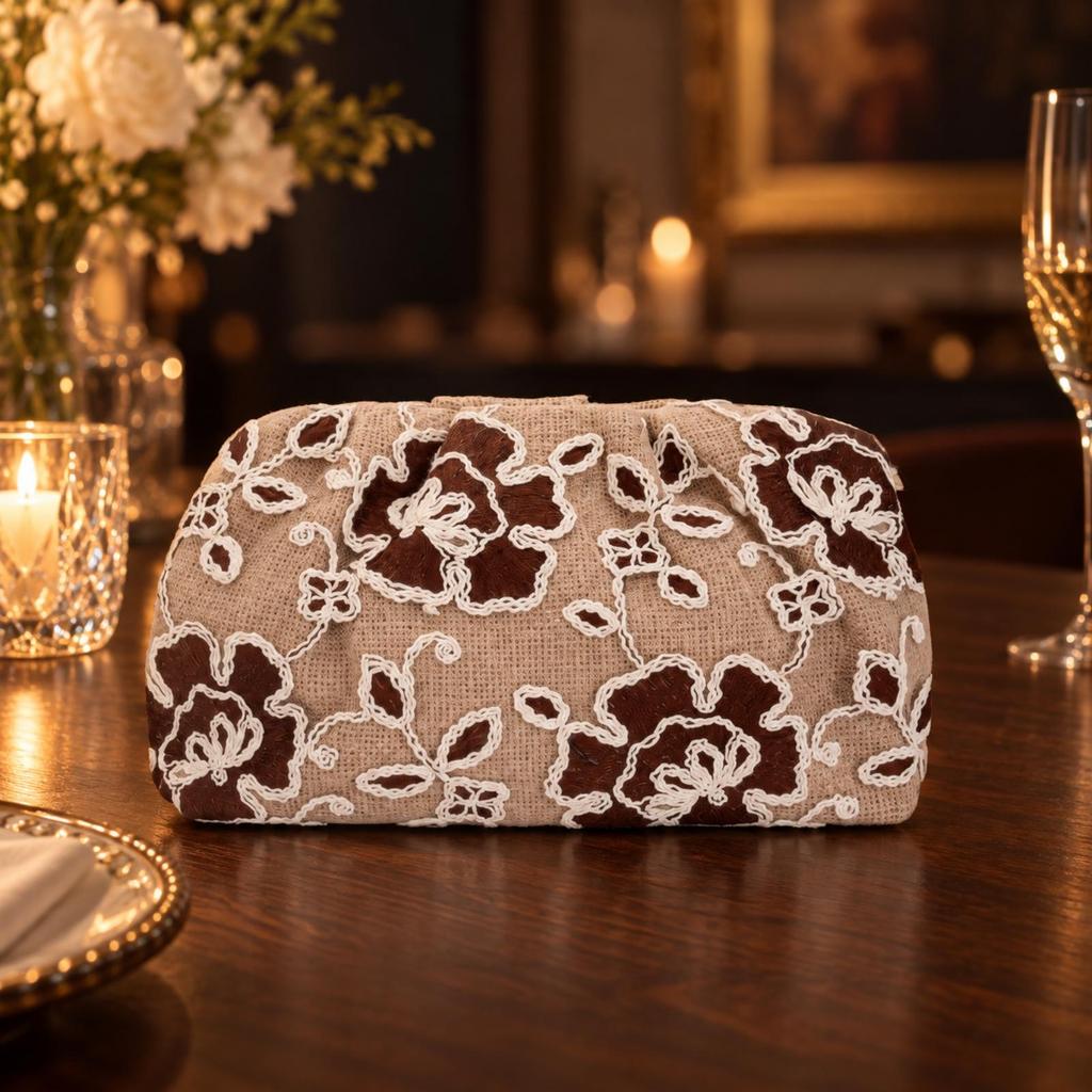 Slim Profile Sequined Woven Pouch Bag Lightweight Embroidered Floral Handbag