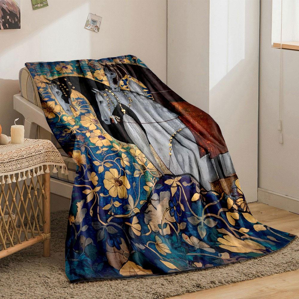 Elegant Floral Horse Motif Blanket bedroom Blanket for Livingroom Couch lunch break Soft throw for Friend's festival Gift