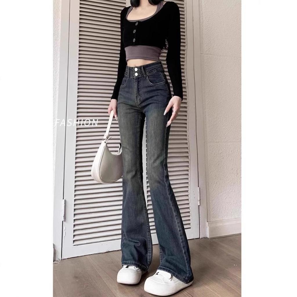 Petite Cement Gray Micro-Flare Jeans for Women - High Waist, Fleece-Lined Retro Trousers for Autumn/Winter.
