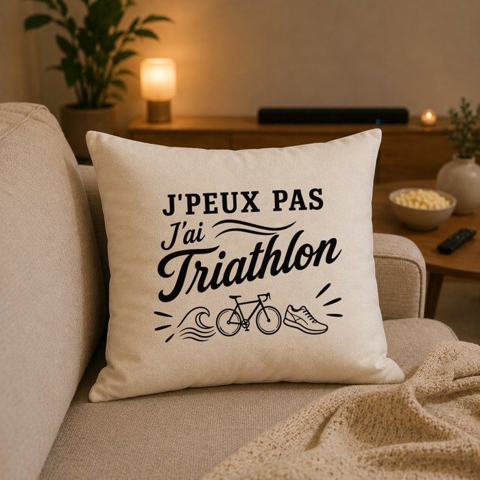 Housse de Coussin J’peux pas j’ai Triathlon J'peux pas minimaliste | Coton Canvas Fairtrade 305 g/m² Zip Invisible Taille 40×40 cm