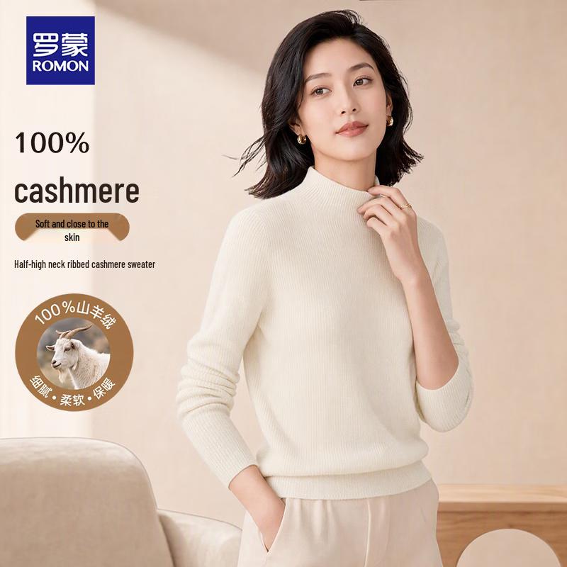 ROMON Women's 100% Cashmere Mock Neck Knit Sweater