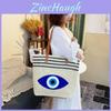 Umweltfreundliche Stroh-Schultertasche mit blauem Augen-Stickdesign für Sommerausflüge