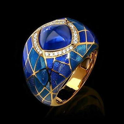 Europäischer und amerikanischer Modering mit blauem Edelstein und Zirkonia-Diamant im Retro-Öltropfen-Design