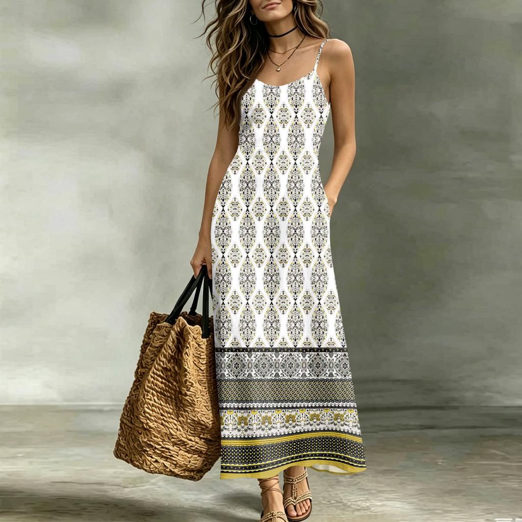 Women Sleeveless Maxi Dress Summer V Neck Long Casual Bohemian Style Spaghetti Strap Printed Sundress with Flared Hem