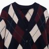 2025 Spring Women's Slim Color Block Diamond Knit Cardigan