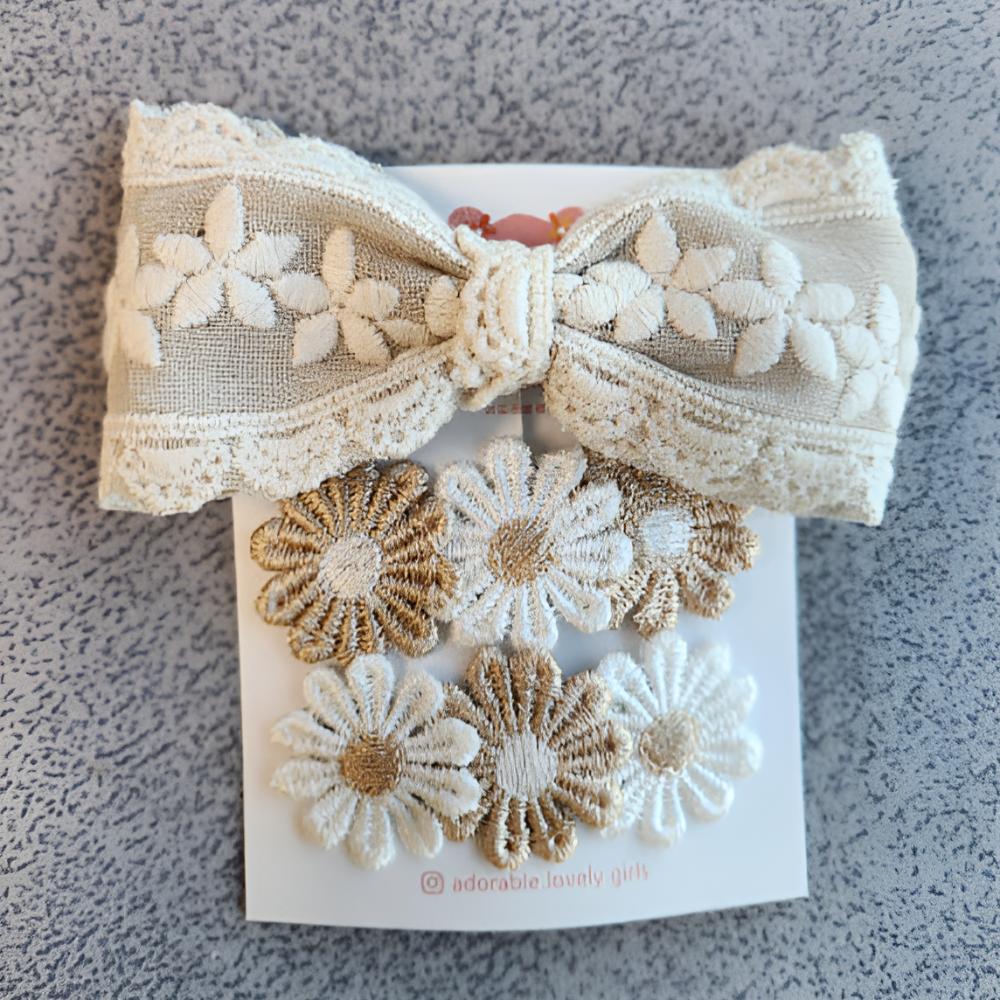 3PC Korean Ribbon Lace Hair Clip Set – Embroidered Daisy & Lace Design – Cute Gift for Girls – 5 Colors Trending Hair Accessories