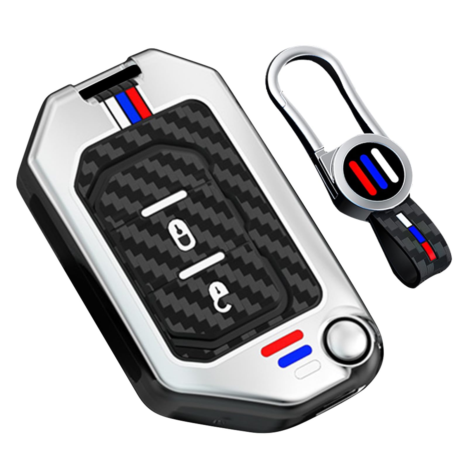 

TECART Ключ Jeep Grand Cherokee Ключ Wrangler Алюминиевый сплав с рисунком из углеродного волокна и светящийся серебристый чехол, Цепочка, JT, JLU, TJ, JL, Renegade,