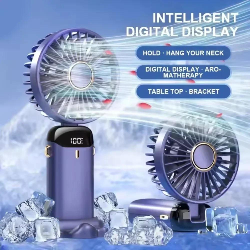 USB-Handventilator, Mini-Ventilator, faltbar, tragbar, zum Aufhängen am Hals, wiederaufladbarer USB-Ventilator mit 5 Geschwindigkeiten, mit Telefonständer und Anzeigebildschirm