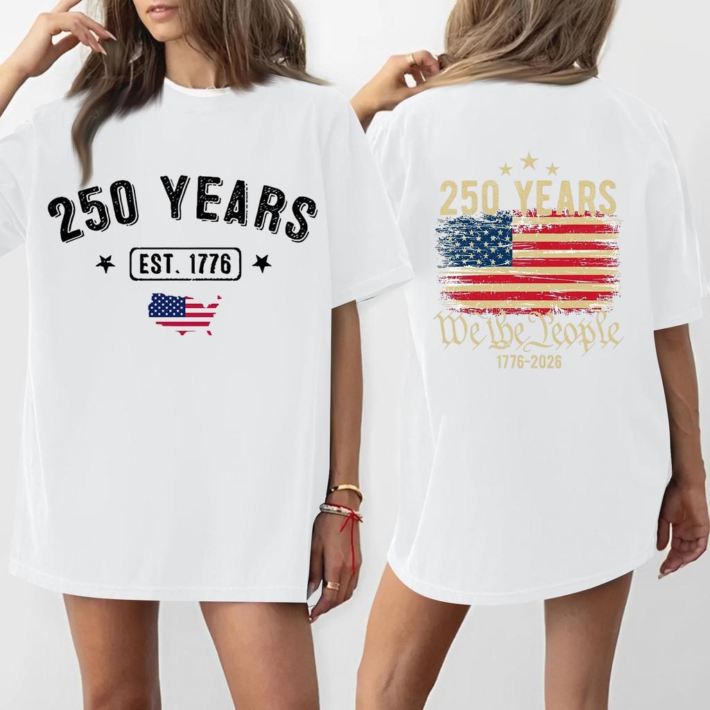 Women's Casual Independence Day 250 Anniversary Printed T-shirt Round Neck Pullover Short Sleeve Top
