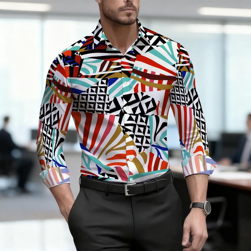 Men's Shirt with Geometric Block Print, Slim Fit, Business Commuting Long Sleeved Shirt, Spring and Autumn Trendy Casual Top