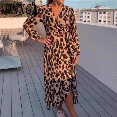 Robes décontractées à manches longues et col en v pour femmes, mode automne hiver, imprimé léopard