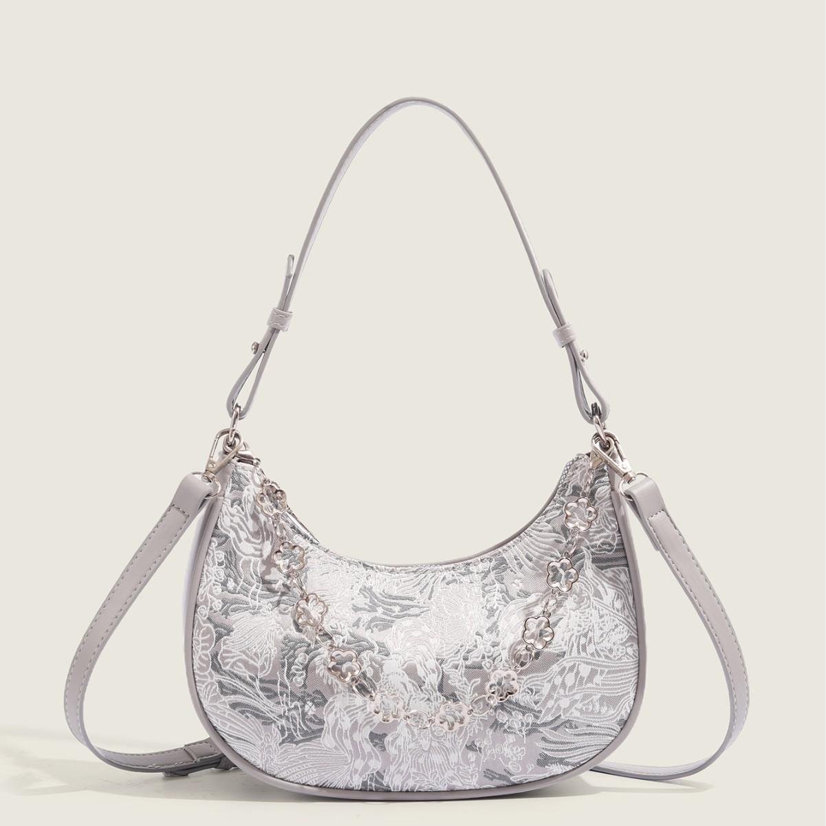 

New Chinese Style Embroidered Crescent Bag 2025 Trendy High-End Retro Baguette Bag Chain Underarm Bag Crossbody Small Bag серебряный