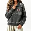 Fair Isle Knit Cardigan With Zipper Collar Loose Fit Winter Sweater Women