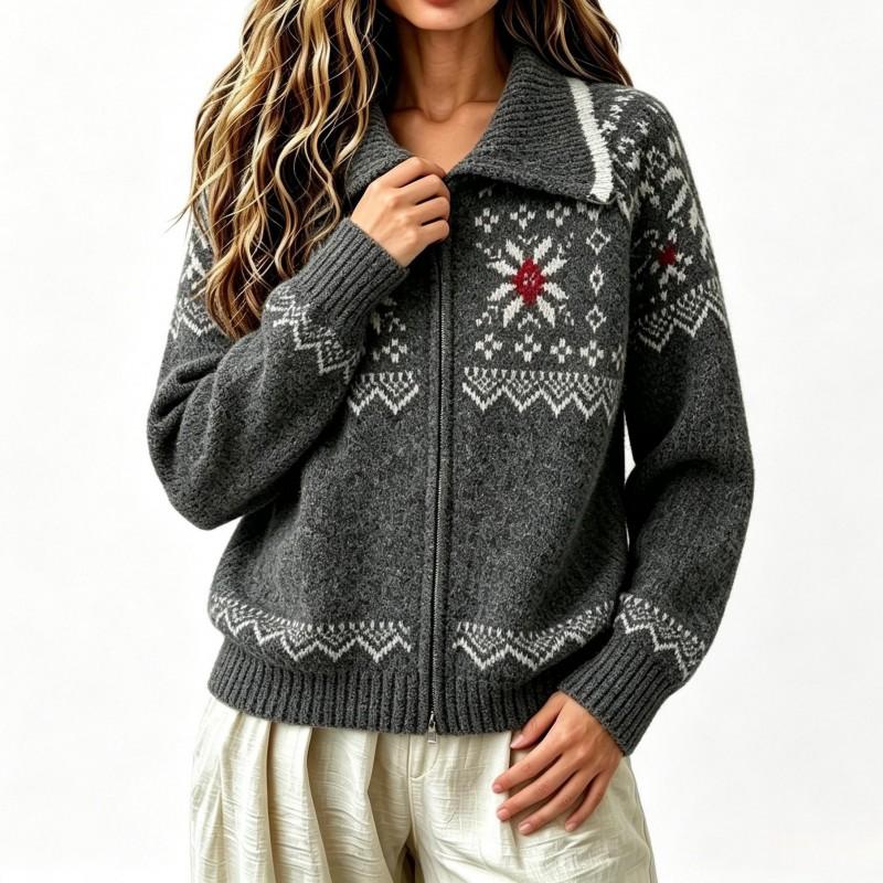 Fair Isle Knit Cardigan With Zipper Collar Loose Fit Winter Sweater Women