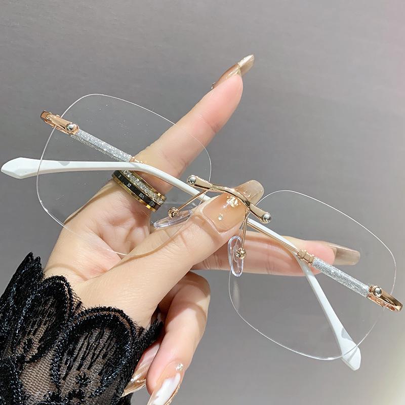 Photochromic Rimless Anti-Blue Light Myopia Glasses for Women – Starry Sky Design, Slimming Bare Face Large Frame