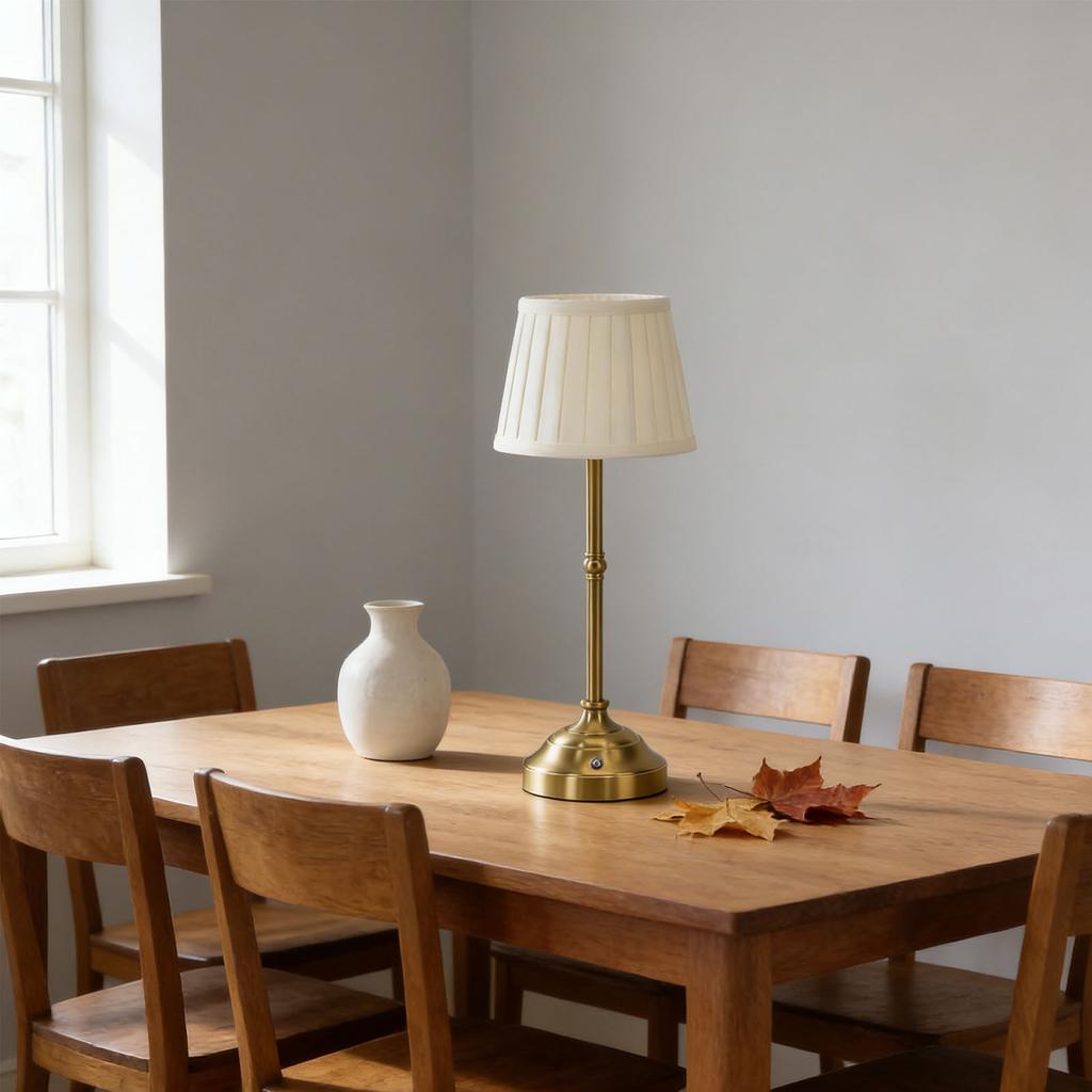 Cordless Table Lamp with Pleated Fabric Shade Aluminum Dimmable Rechargeable Bedside Night Light for Home Restaurant