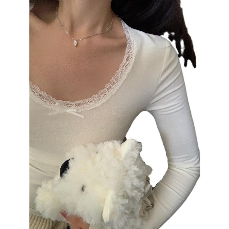 Women's White Lace Long Sleeve Slim Fit T-Shirt - Sweet & Spicy Autumn/Winter Top