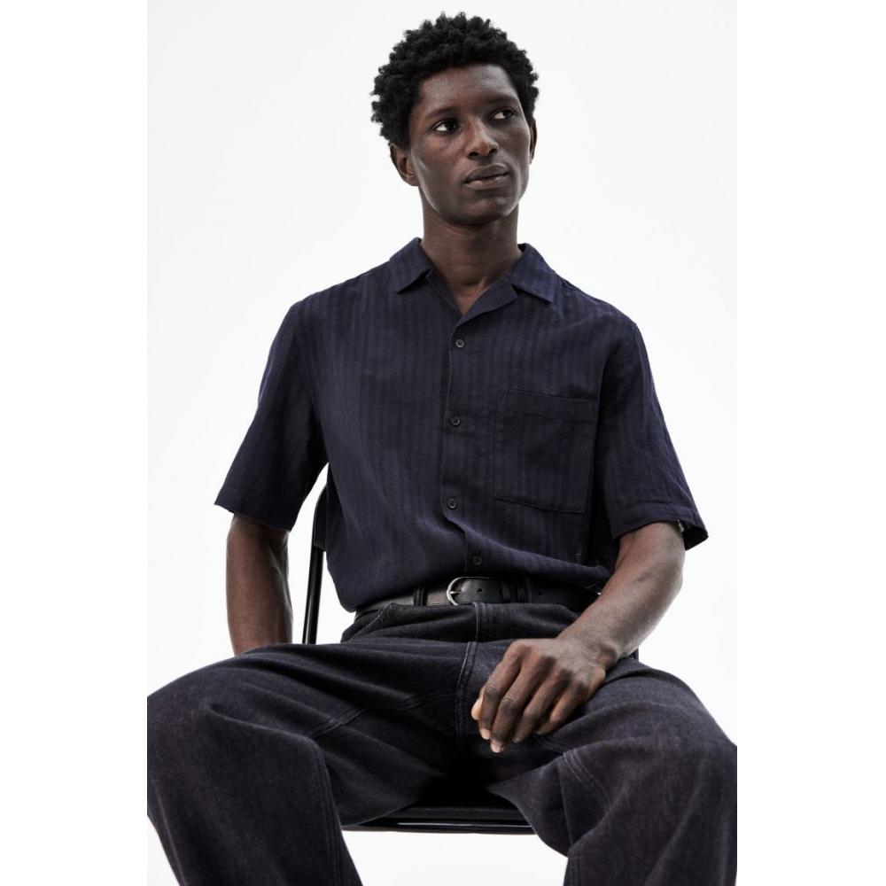 

Рубашка HM Linen Blend caMp, стандартный крой, темно-синяя XS