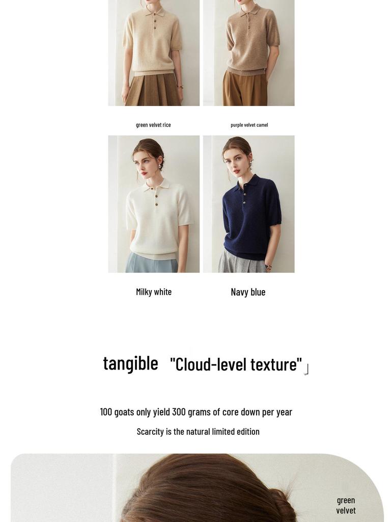 2026 Le Kasha Women's 100% Cashmere Polo Neck Short Sleeve Knit Pullover - Versatile Solid Color