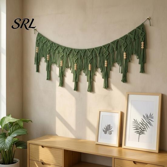 Cotton Rope Backdrop Boho Garland Wall Hanging with Wooden Beads, Hand Woven Tassel Banner, Textured Decor Nordic Window Tapestry, Bohemian