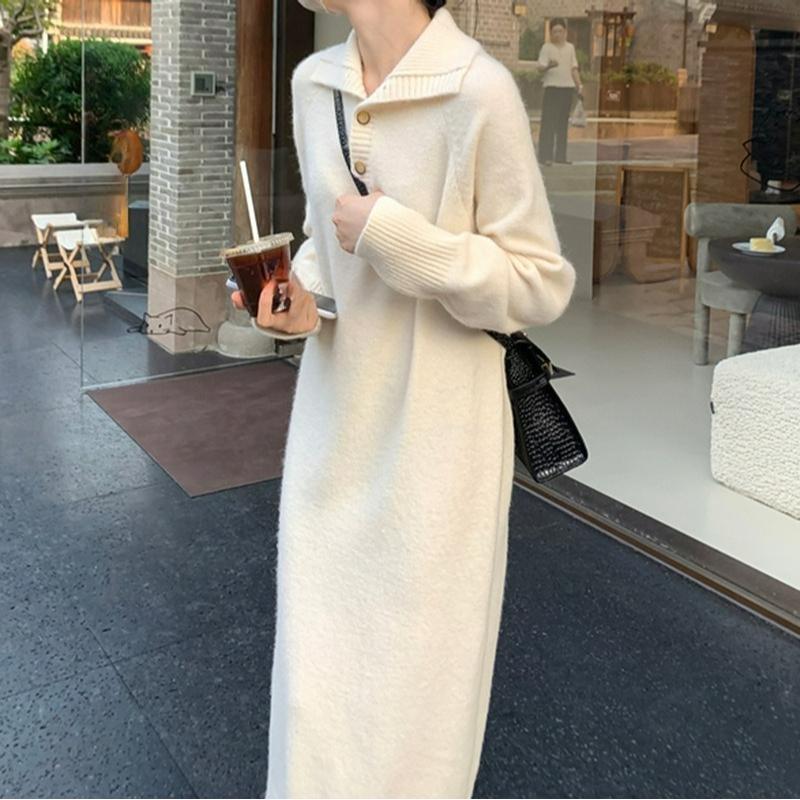 Women's Sweater Fashion Knitted Dress Button Lapel Loose Long Inner Pullover Sweater Skirt