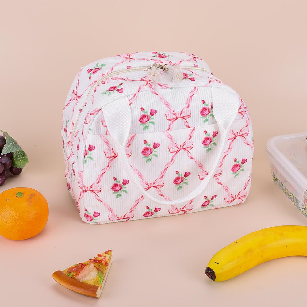 Women Quilted Lunch Bag Large Capacity Cute Lunch Box Bag Floral Printed Cotton Padded Picnic Bag Work Trip Bag