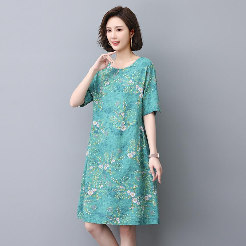 Floral Linen A-Line Dress for Women, 2024 Summer Collection – Elegant Slimming Style for Middle-Aged Mothers