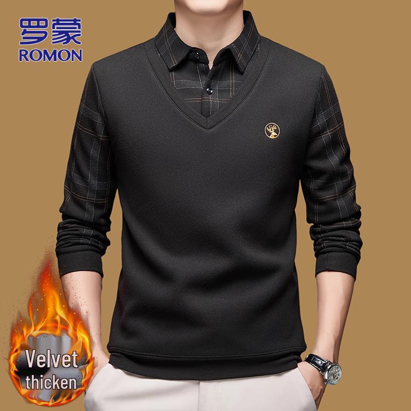 

ROMON Men s Faux Two-Piece Business Casual Shirt Collar Sweater L