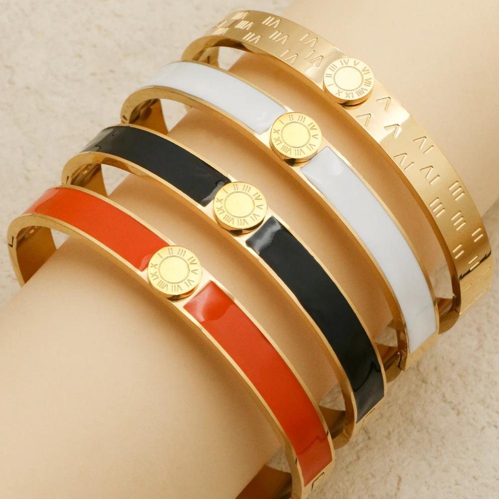 1 Piece Width 7mm Stainless Steel Enamel Bracelet Women Round Roman Digital Couple Bangles Joyeria Acero Inoxidables Premium