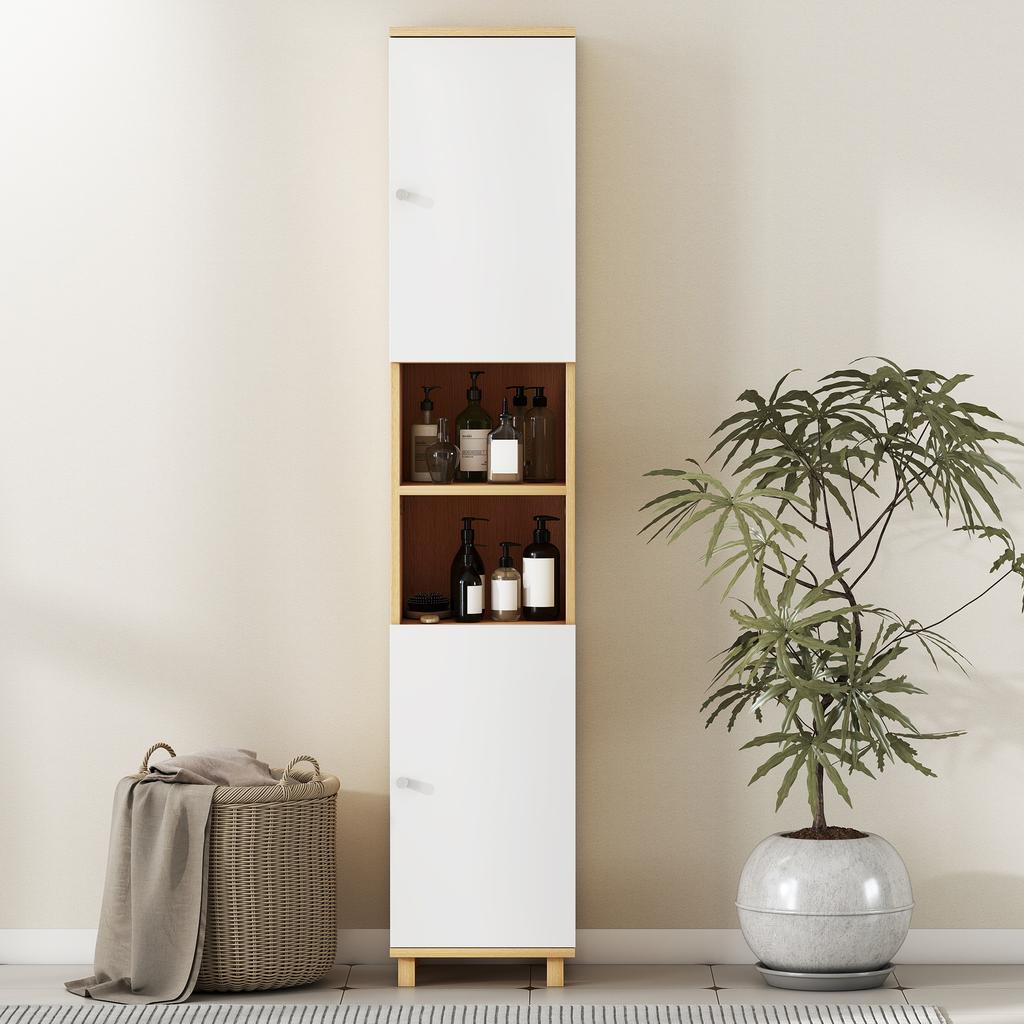Bathroom Cabinet With 2 Cupboards And Open Shelves Adjustable Internal Shelves 30x30x166 Cm White And Wood