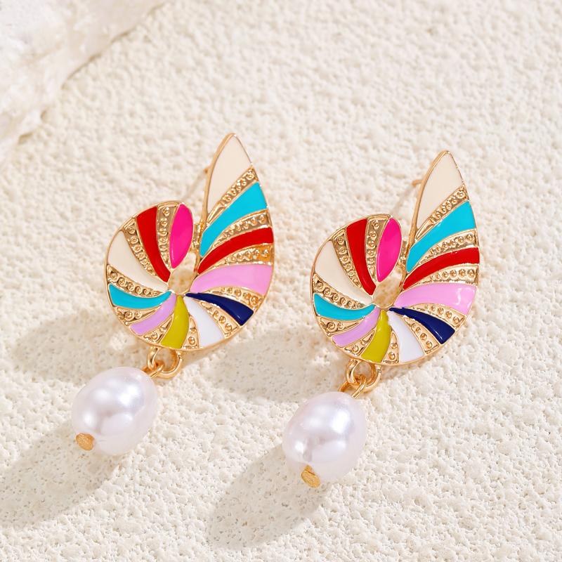 2025 New Colored Drip Oil Snail Dangle Earrings for Women Crystal Stud Earring Water Droplet Imitation Pearl Drop Earring Gifts