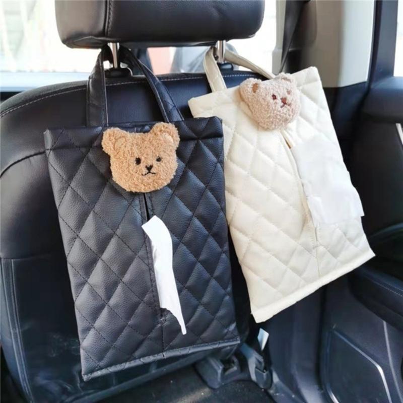 Hanging Pouch with Bear Pattern Design Practical Durable Tissue Box Holder Pouch Keep Your Auto Organized for Back Seat