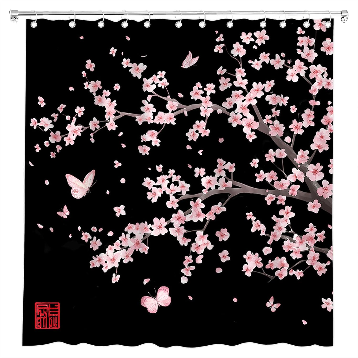 

Cherry Blossom Shower Curtain Pink Plum Floral with Butterfly Flower Japanese Asian Watercolor Cute Branch Scenery Wildflower 90x180CM