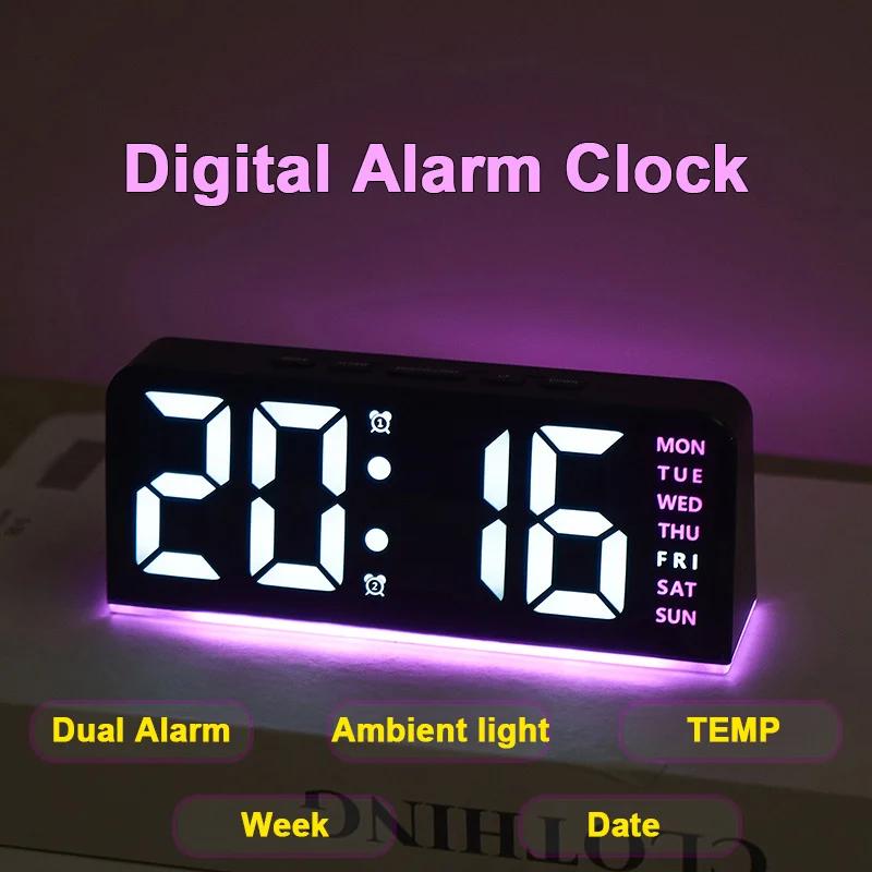 LED multi-functional digital clock with three adjustable brightness levels, mood light temperature display, digital alarm clock