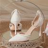 Fashion High Heeled Shoes Women's 2025 Summer with A Thin Heel and Pointed Toe A Straight Cut Lace Surface White Pearl Bridal Shoe Women
