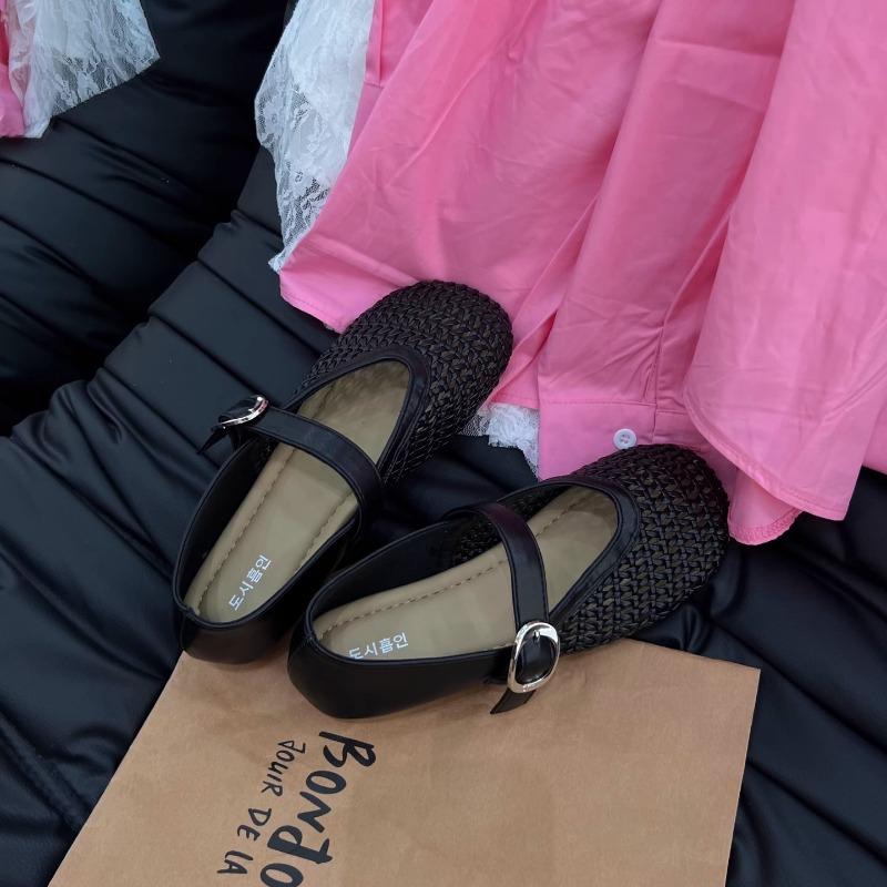 Sheepskin version~ Summer hollow mesh shoes sandals flat bottom soft and comfortable shallow mouth Mary Jane shoes hole women's shoes