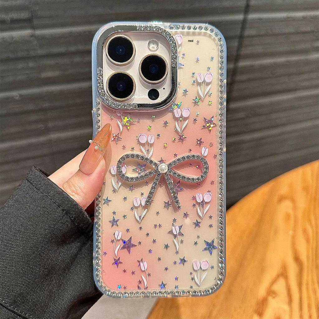 Full-Frame Rhinestone Heart Bow Phone Case for Apple 17 Pro Max - Light Luxury with 16 Stars, High-End Design for 14/13/12.