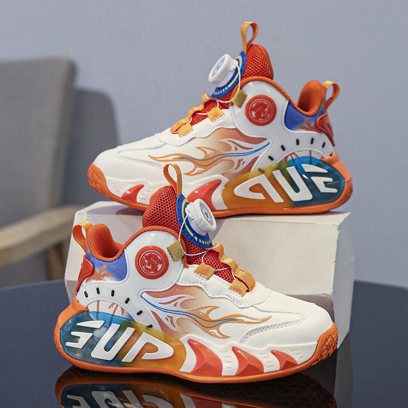 Children's Basketball Shoes Button Sneakers Friction Sound Spring and Autumn Leather Surface Boys and Girls Training Shoes New Running Shoes