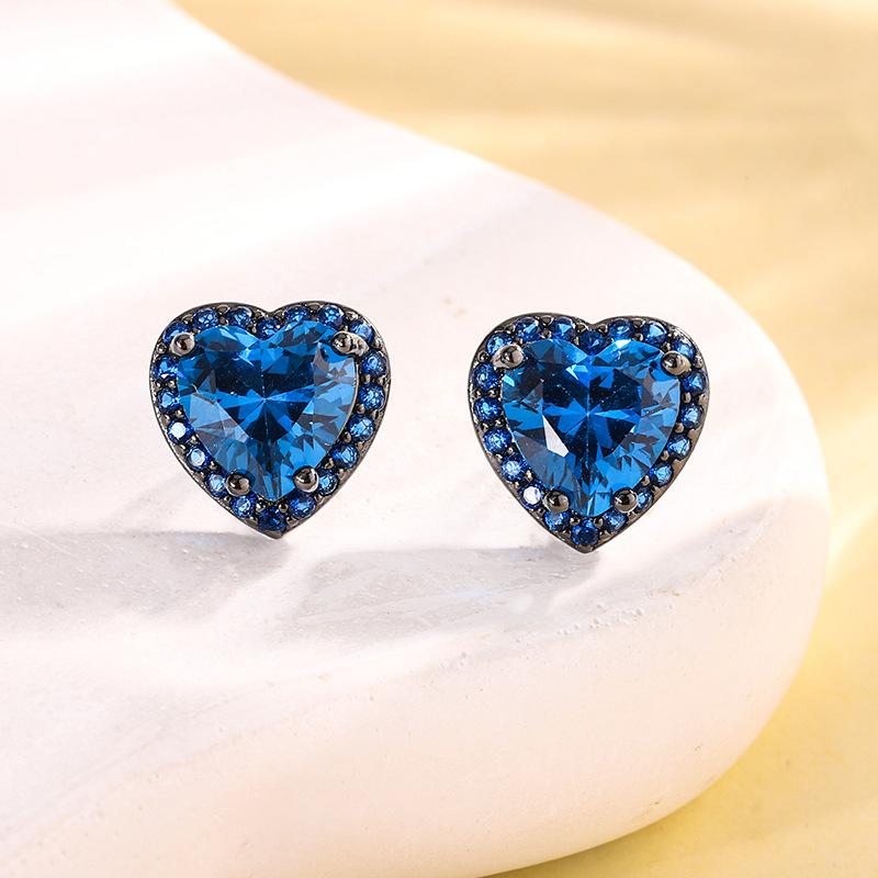 Jewelry Copper Bottom Gold-Plated Simulation Blue Spinel Heart-Shaped Black Gold Set Heroine Stone 9 * 9
