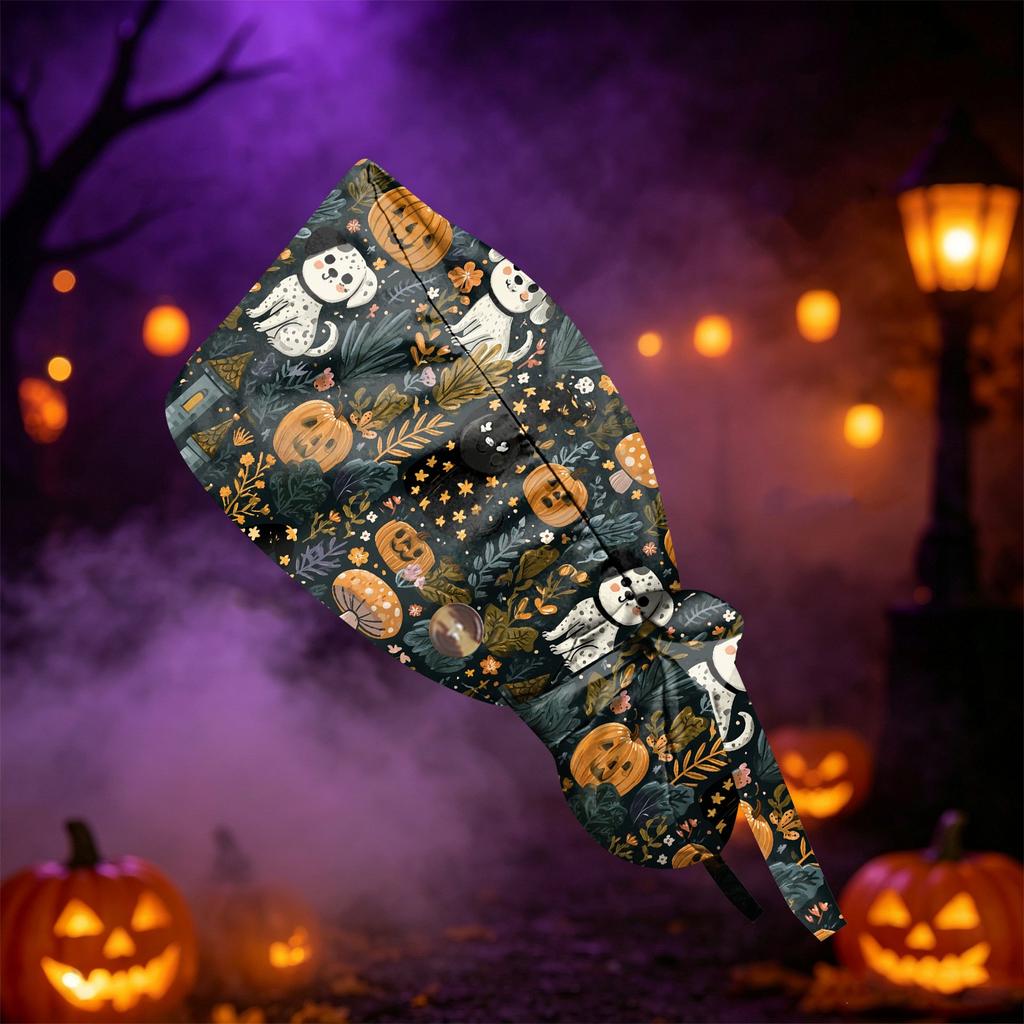 Cappello da Lavoro/Doccia/Scrub con Stampa di Halloween per Capelli a Coda - Multiuso per